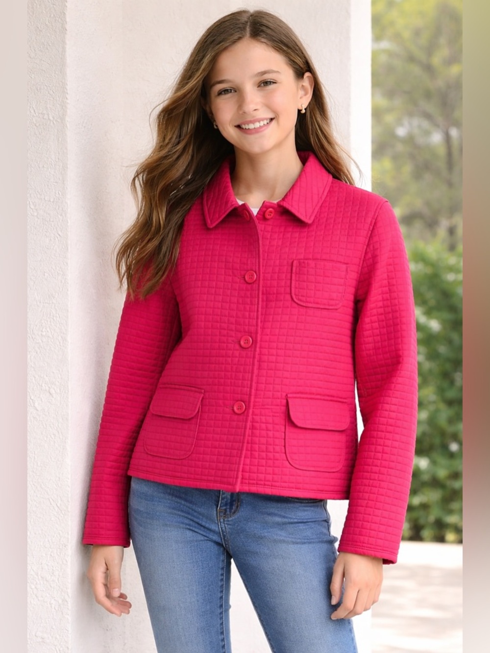 Herve Bernard Bright Pink Quilted Girl's Jacket Cropped Button Front Size 12